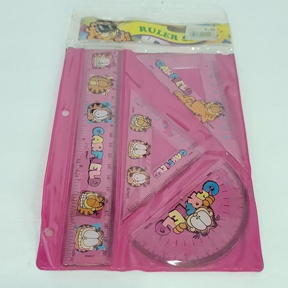 Vintage Garfield 80s Trapper Keeper Ruler Set Protractor Orange Cat Shenny NEW